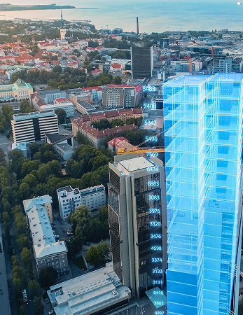 Blue print of a building overlaid a city picture