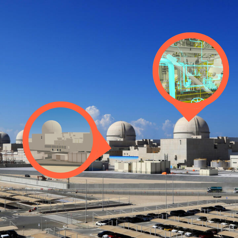 3D render made from Imagine 4D's digital twin solutions of the front of a power plant with red target symbols to indicate where maintenance area is located