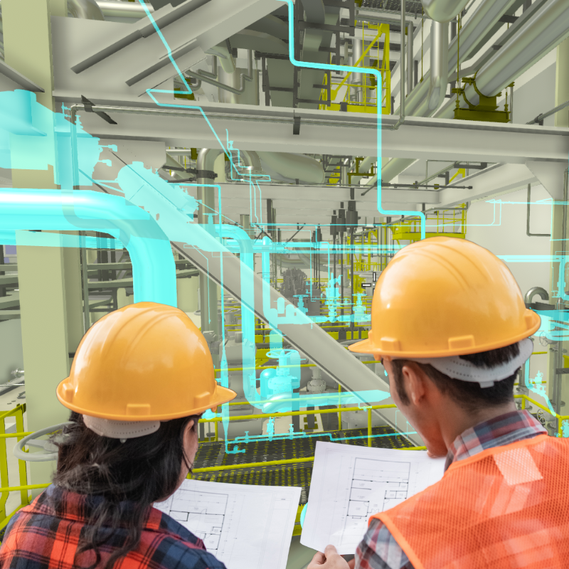 2 workers visualizing maintenance pipes thanks to Imagine 4D's digital twin technology