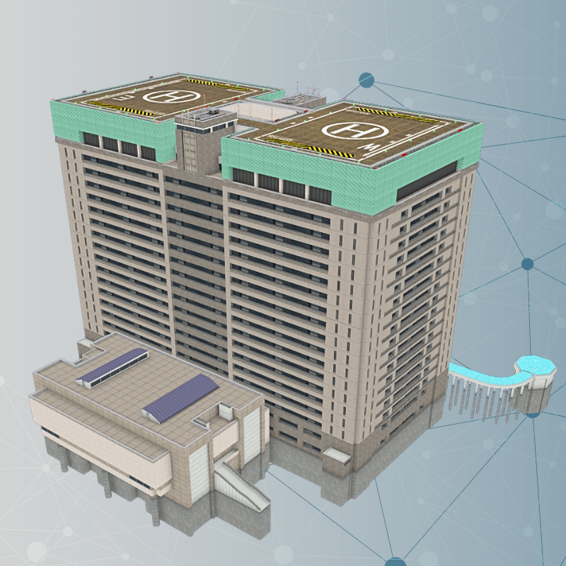 3D render of a building with two heliport made with Imagine 4D's digital twin technology